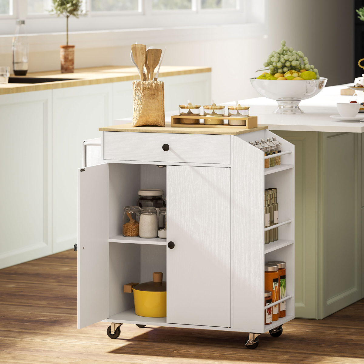 HOMCOM Kitchen Island Cart with Spice Rack, Towel Bar, Drawer