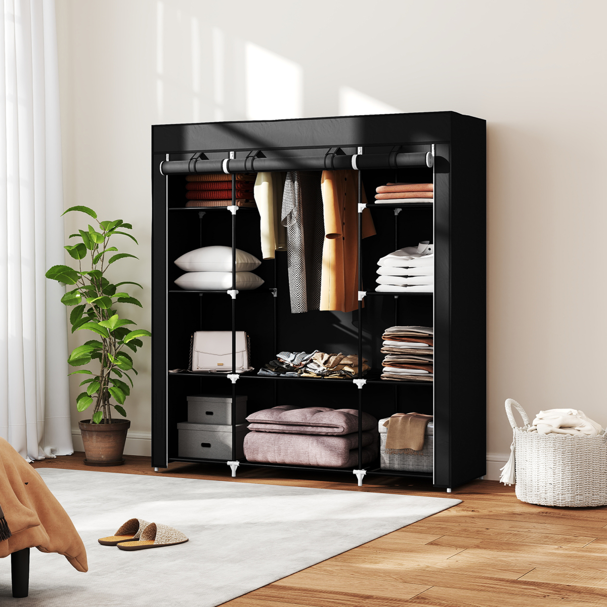Portable Fabric Wardrobe with 10 Shelves and Hanging Rail, Black