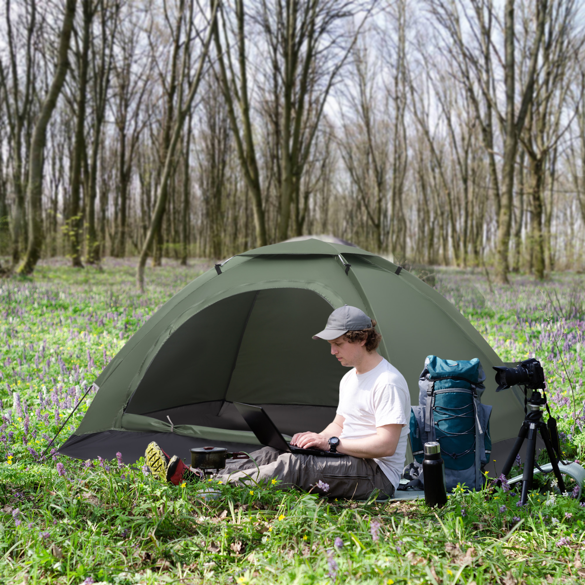 Outsunny Camping Tent for 2 Person Dome Tent w/ Storage Pocket Dark Green