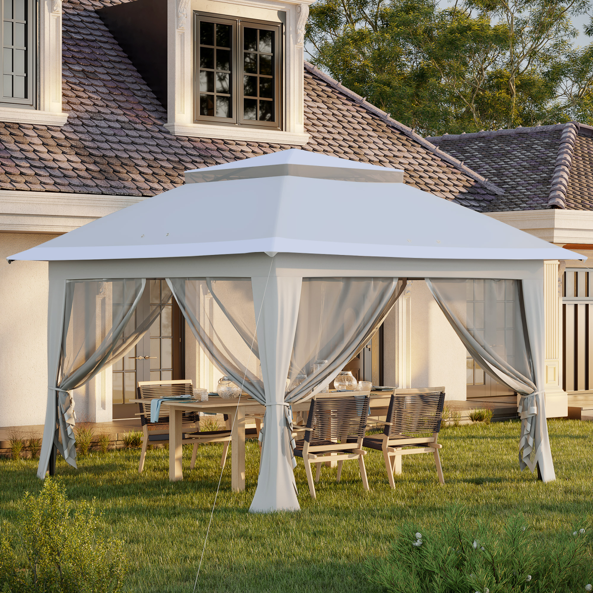 Outsunny 3.6 x 3m Foldable Pop-Up Party Canopy with Steel Frame, Adjustable Legs, Mesh Side Walls, Roller Bag
