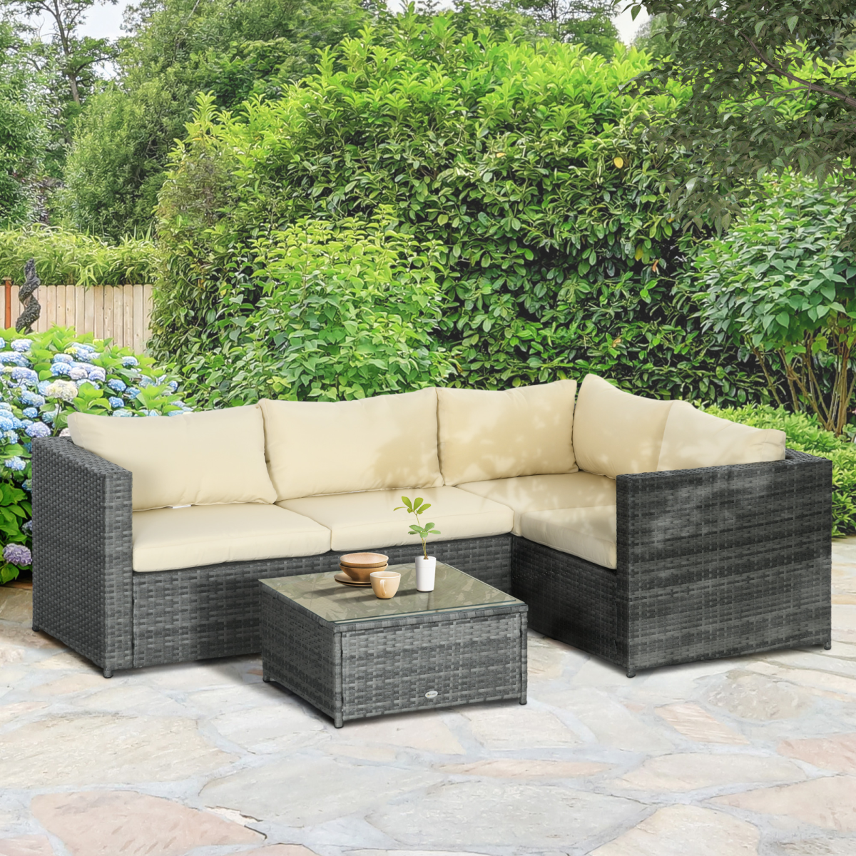 Outsunny 3-Piece Rattan Corner Sofa Set with Coffee Table and Cushions Garden Furniture