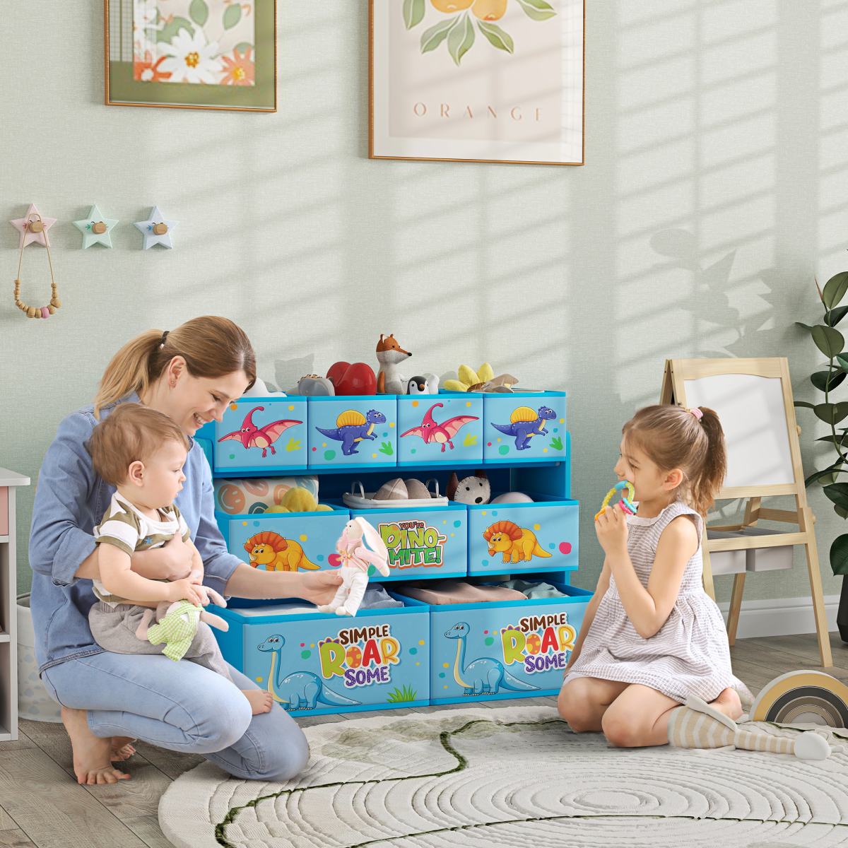 AIYAPLAY 3-Tier Dinosaur Toy Organiser Shelf with 9 Storage Boxes, Blue