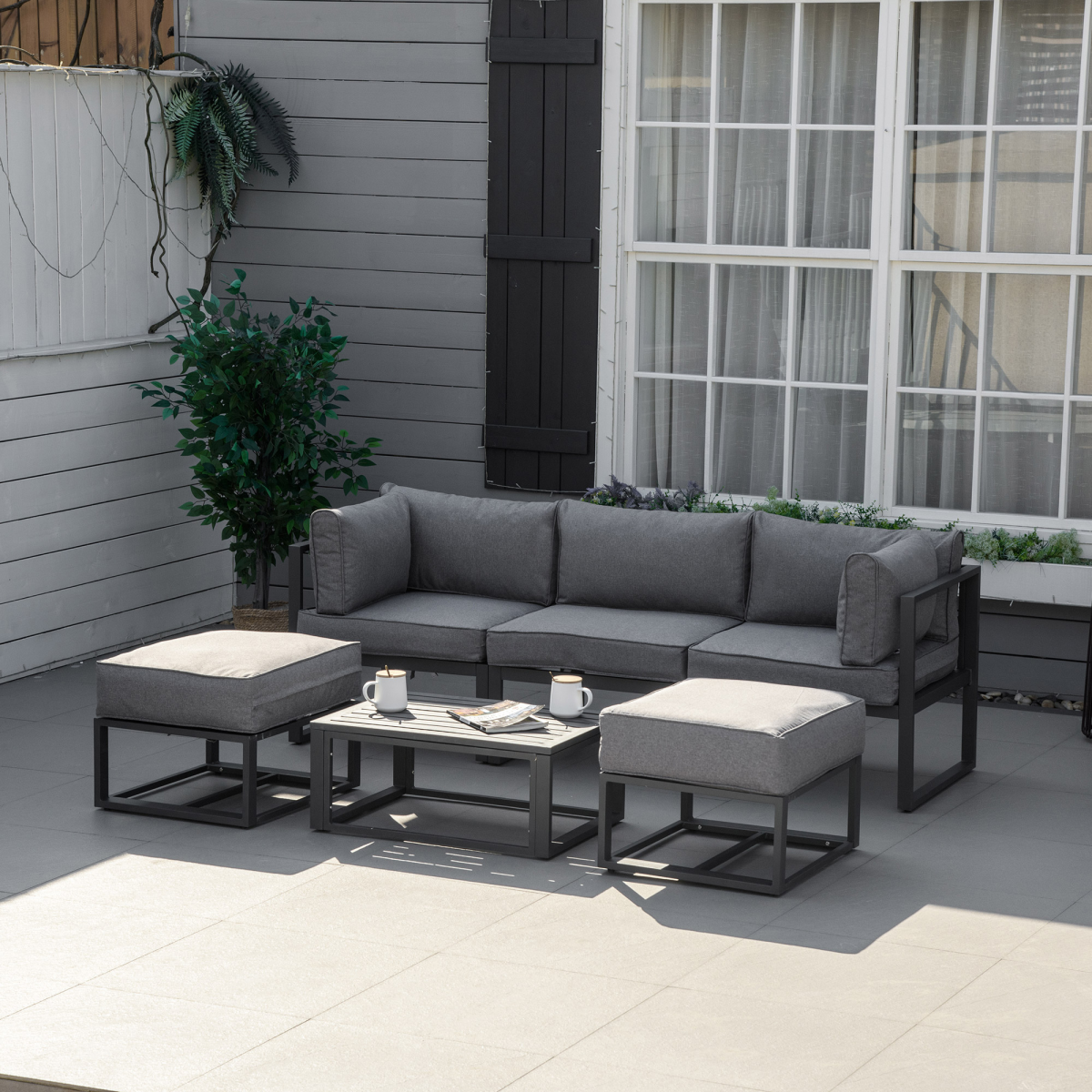 Outsunny 6 Piece Convertible Outdoor Daybed and Garden Sofa Set with Coffee Table, Footstools and Cushions, Grey