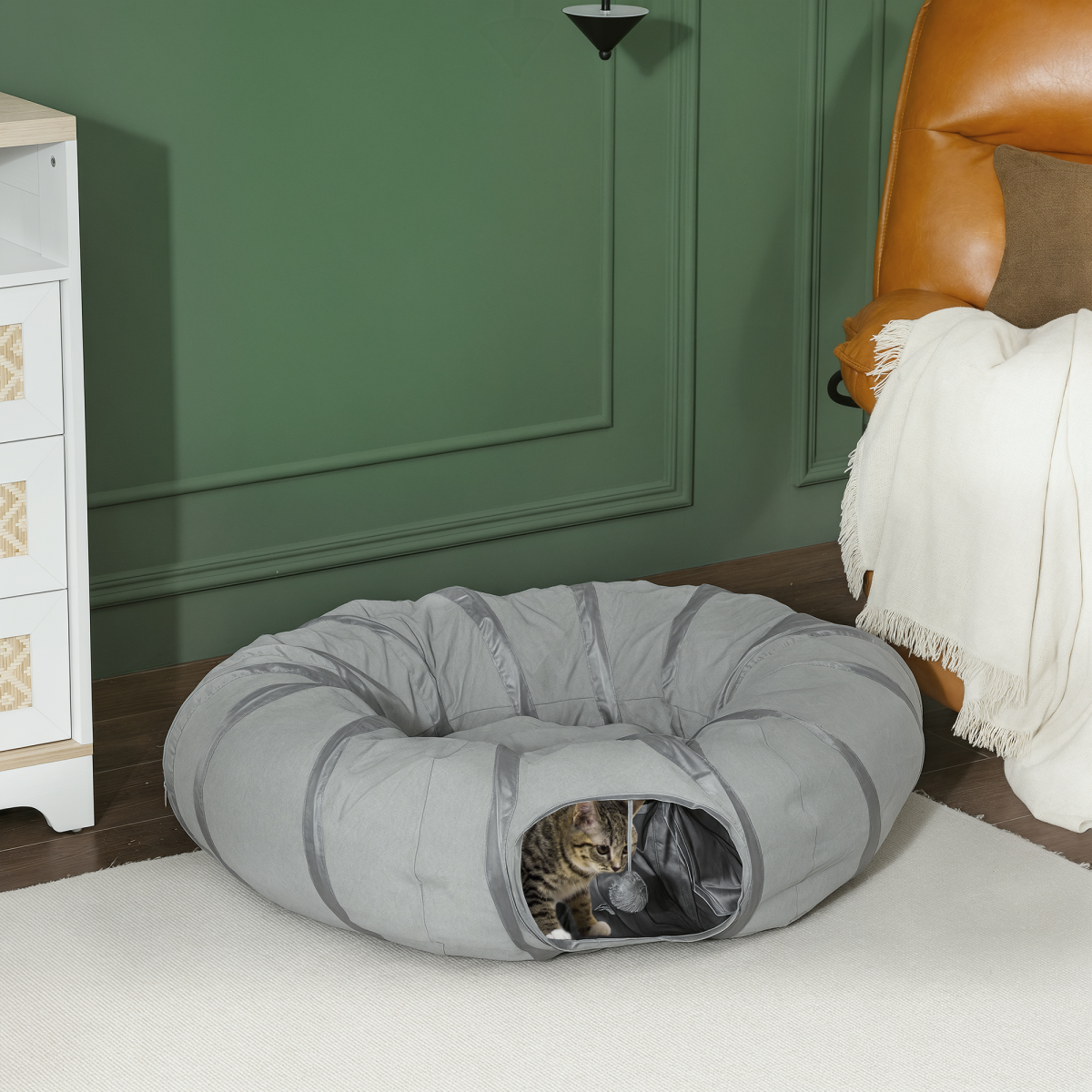 PawHut 2-in-1 Cat Tunnel Bed, Grey, Indoor Play Tunnel for Cats