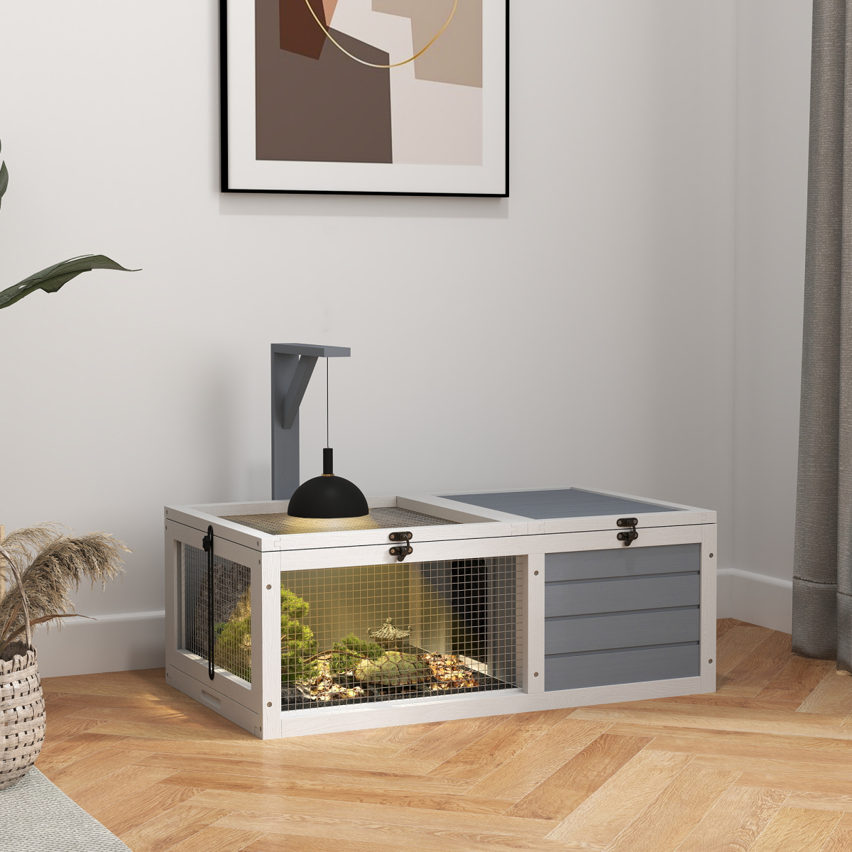 PawHut Tortoise Enclosure with Run, Hideaway, Lamp Holder, Trays