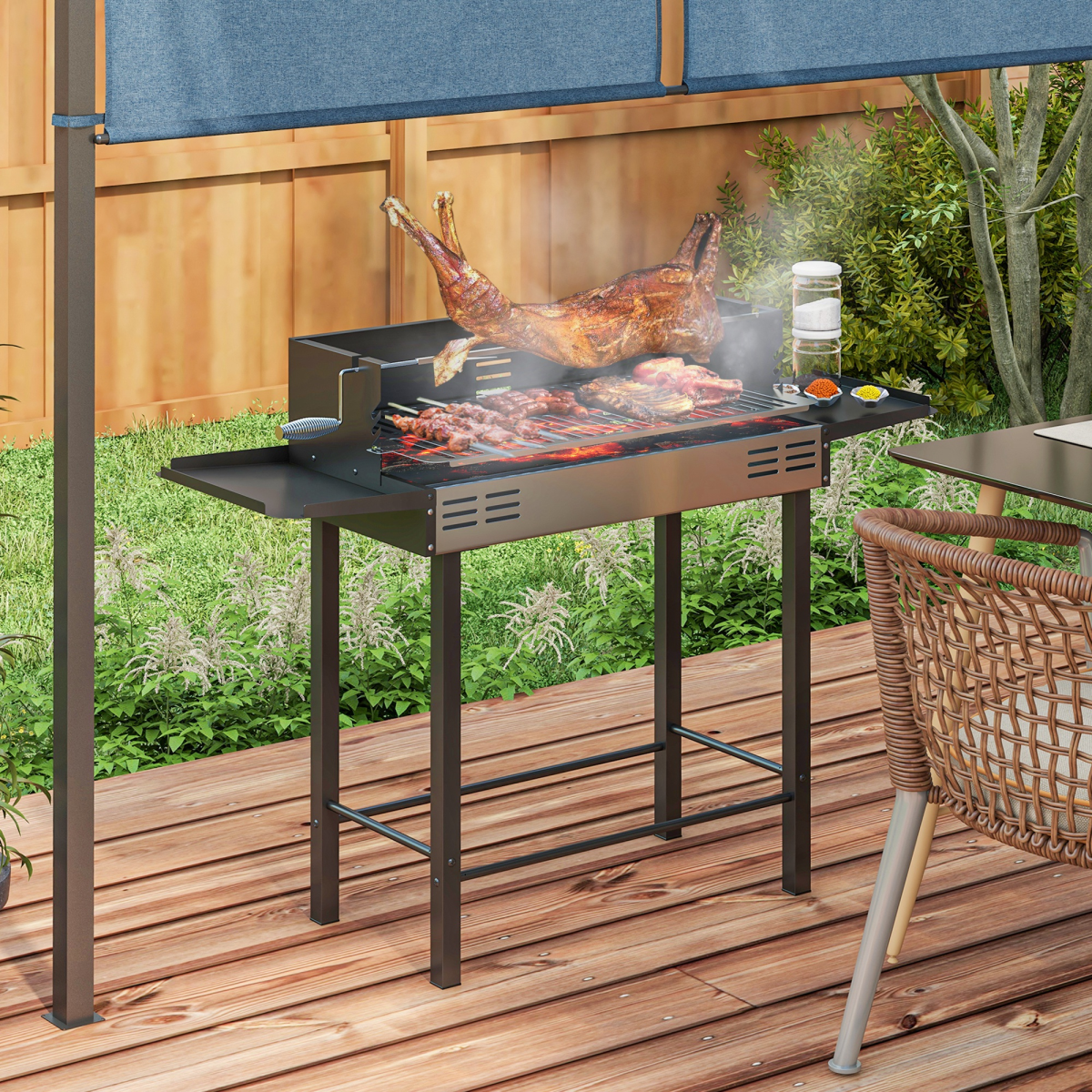 Outsunny Charcoal Rotisserie BBQ Grill with 3-Tier Grate & Foldable Shelves
