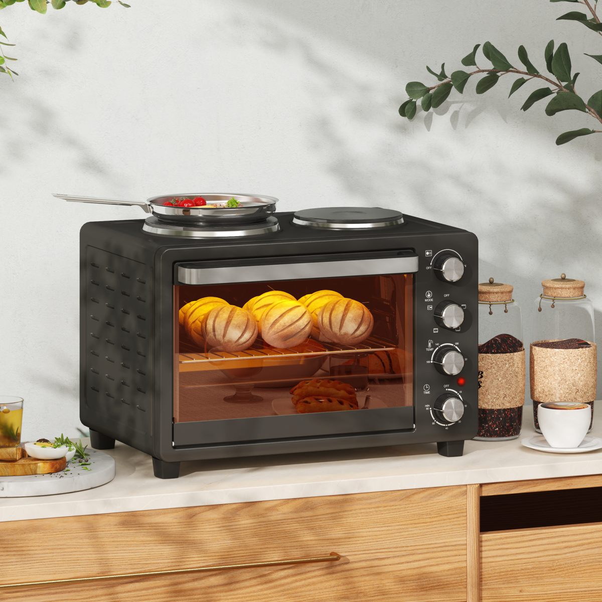 HOMCOM 28L Countertop Oven with 2 Hot Plates, Grill, Roast & Bake