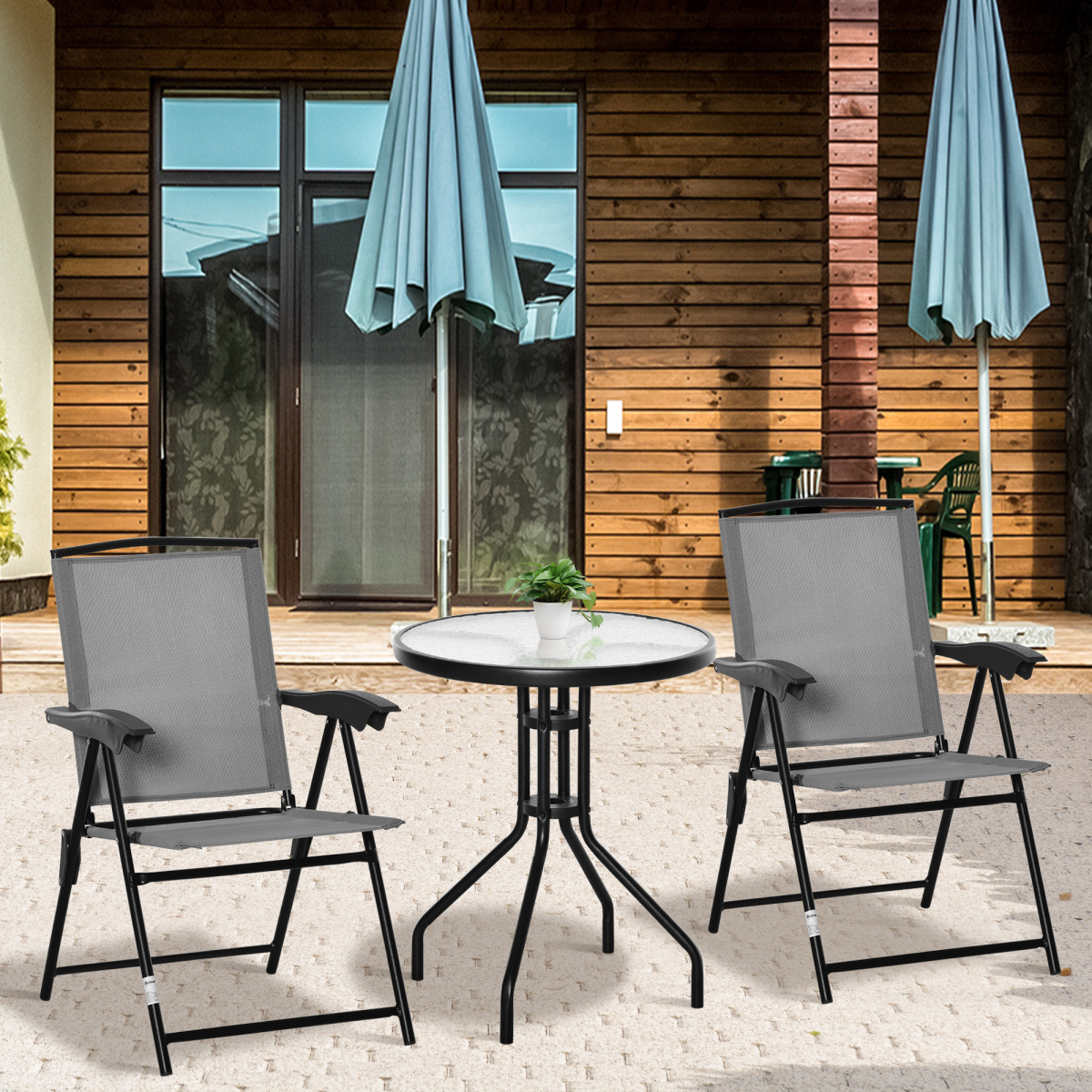Grey Patio Bistro Set with Folding Chairs and Tempered Glass Coffee Table for Balcony, Outsunny