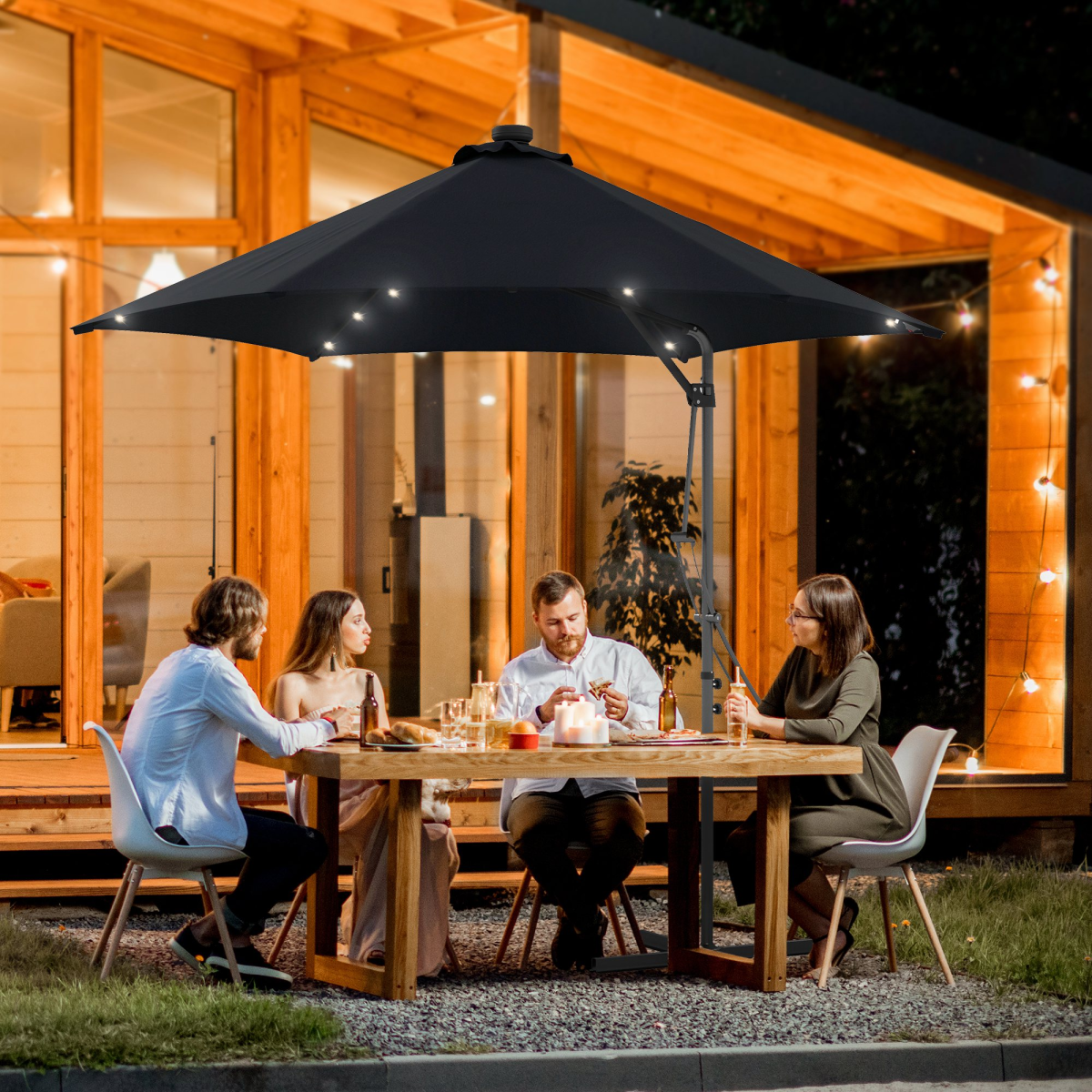 Outsunny 3m Cantilever Garden Parasol Umbrella with Solar LED Lights, Cover and Cross Base, Black