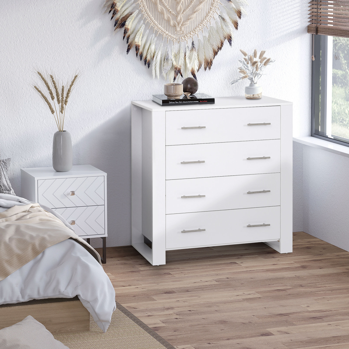 White 4-Drawer Chest of Drawers, Metal Handles, Storage Cabinet