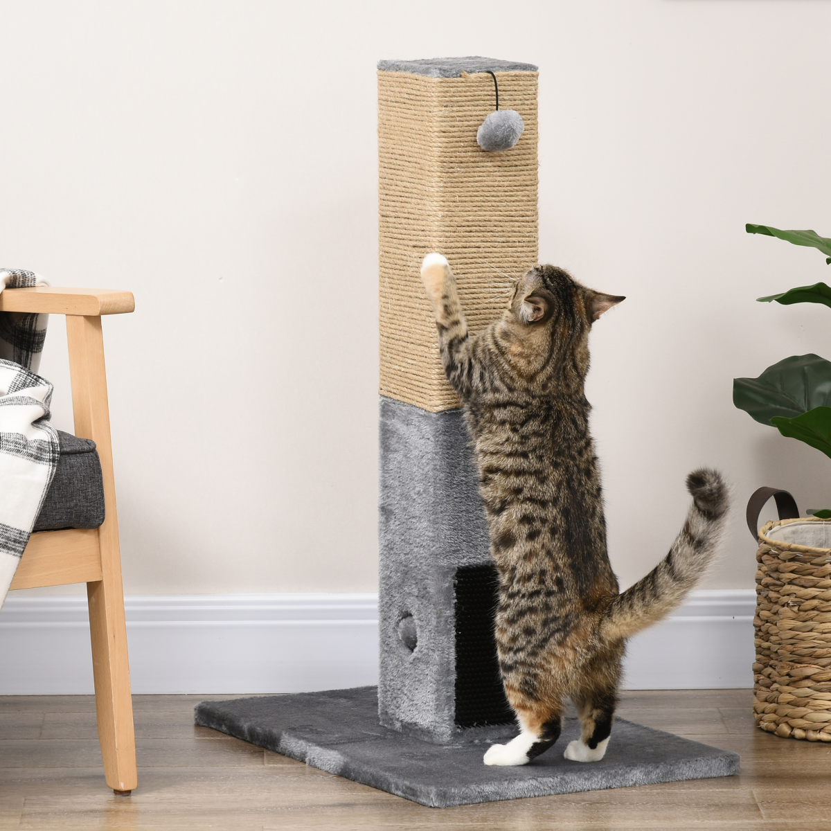 PawHut 79cm Cat Scratching Post and Climber Activity Centre with Jute Scratching Post, Dangling Toy and Hidden Bell Toy, Grey