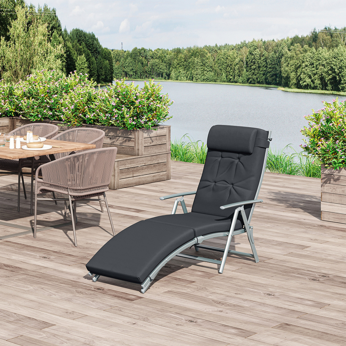 Outsunny Black Adjustable Padded Sun Lounger with Pillow