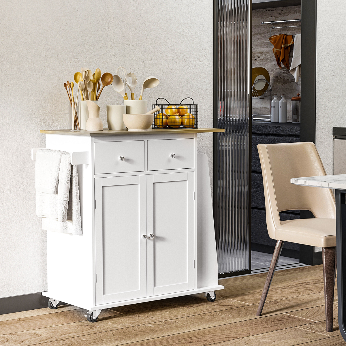 HOMCOM Kitchen Island Storage Unit with Rubberwood Top, 3-Tier Spice Rack, 2 Sliding Drawers, Cupboard and Towel Rail