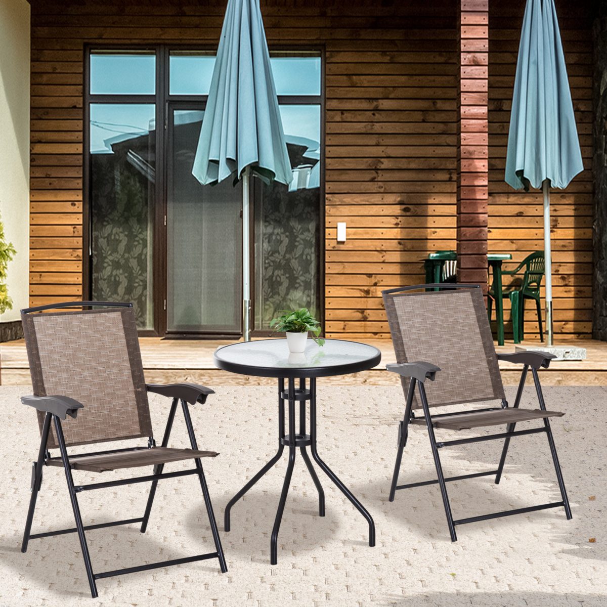 3-Piece Patio Bistro Set with Folding Chairs, Tempered Glass Table, Brown