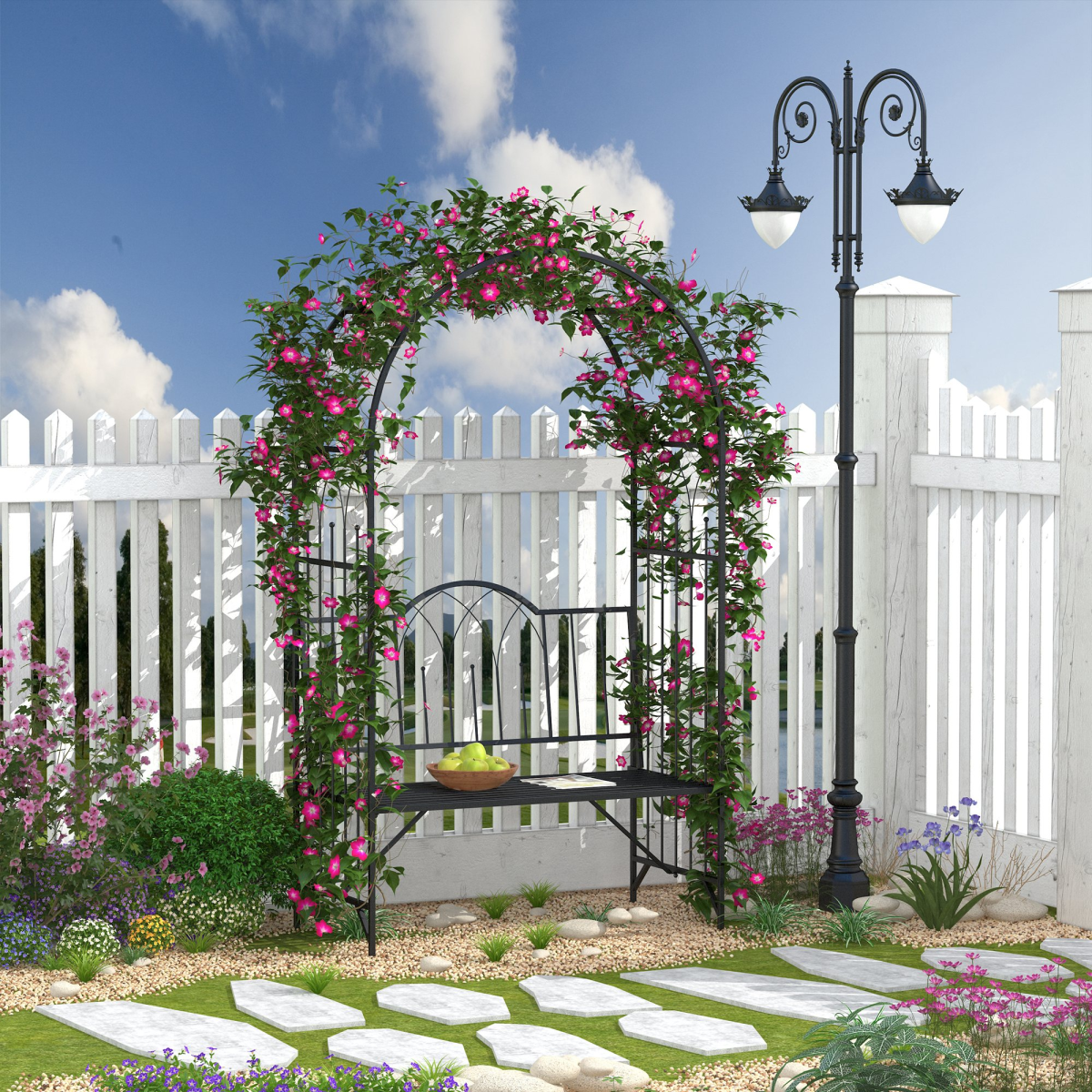 Outsunny Garden Arch Bench with Trellis Arbor, Outdoor Patio Metal Bench for Climbing Plants, Antique Black