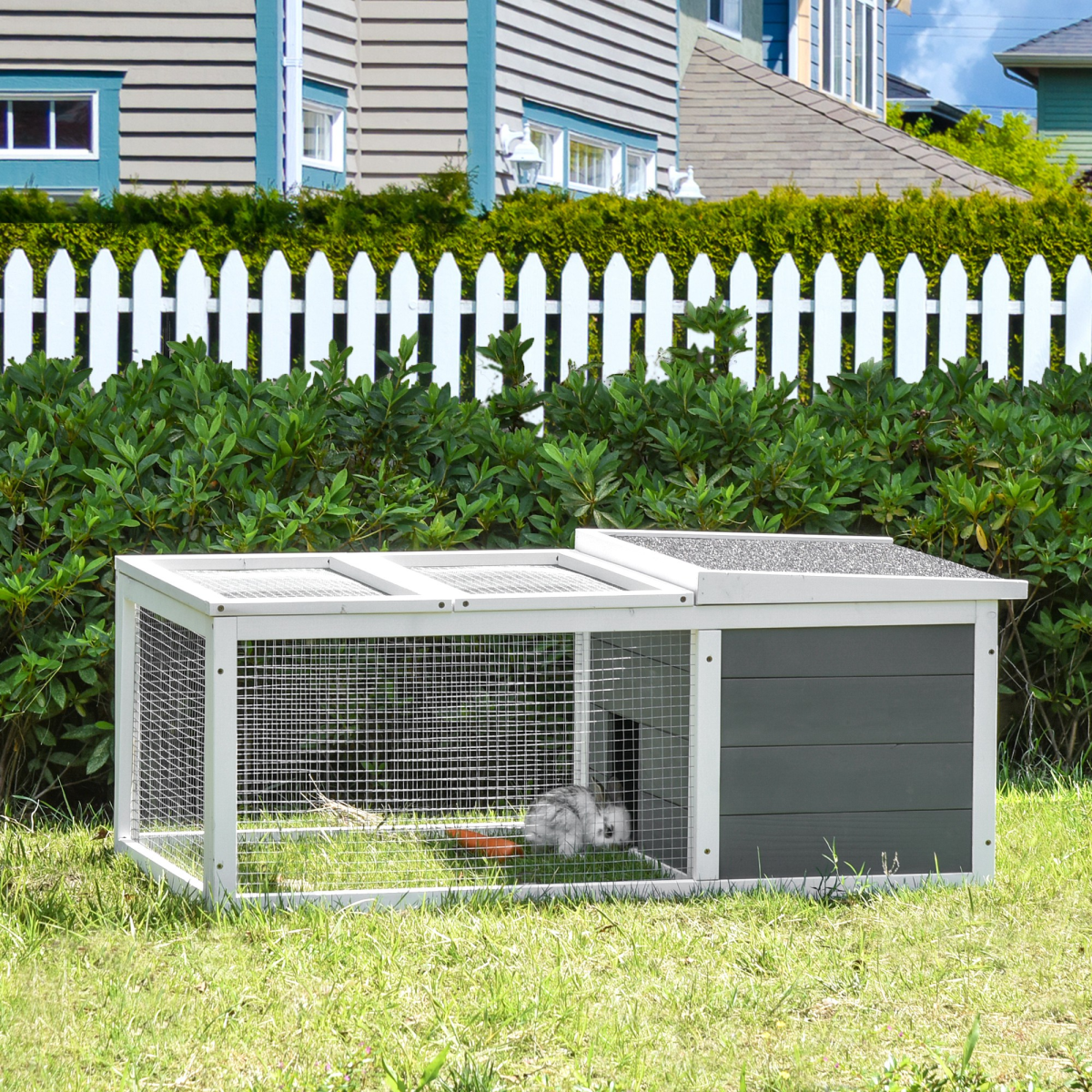 Rabbit Hutch Wooden Small Animal Cage with UV-Resistant Asphalt Roof, Indoor and Outdoor Pet Run Cover