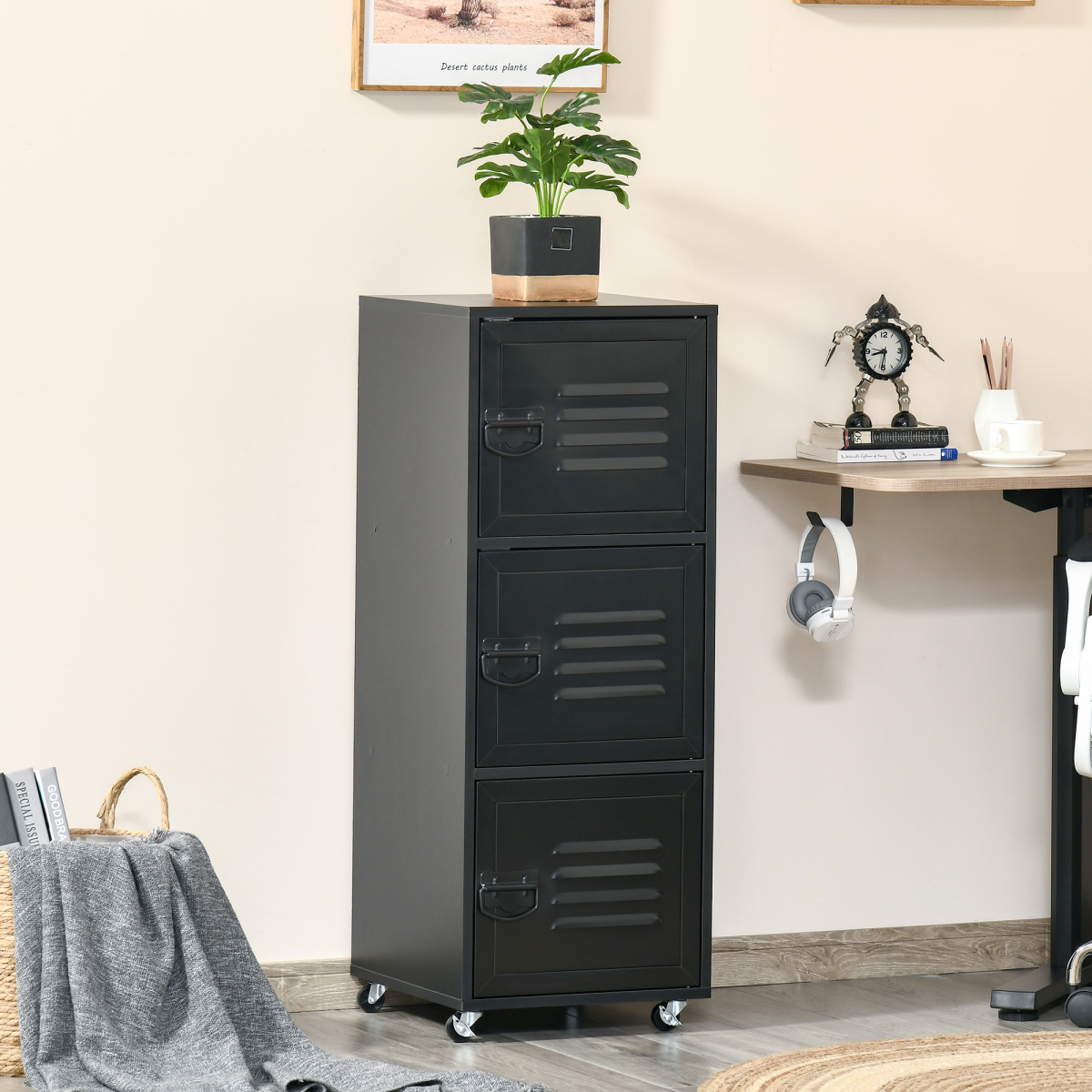 3-Tier Rolling Storage Cabinet with Wheels, Metal Doors, Black