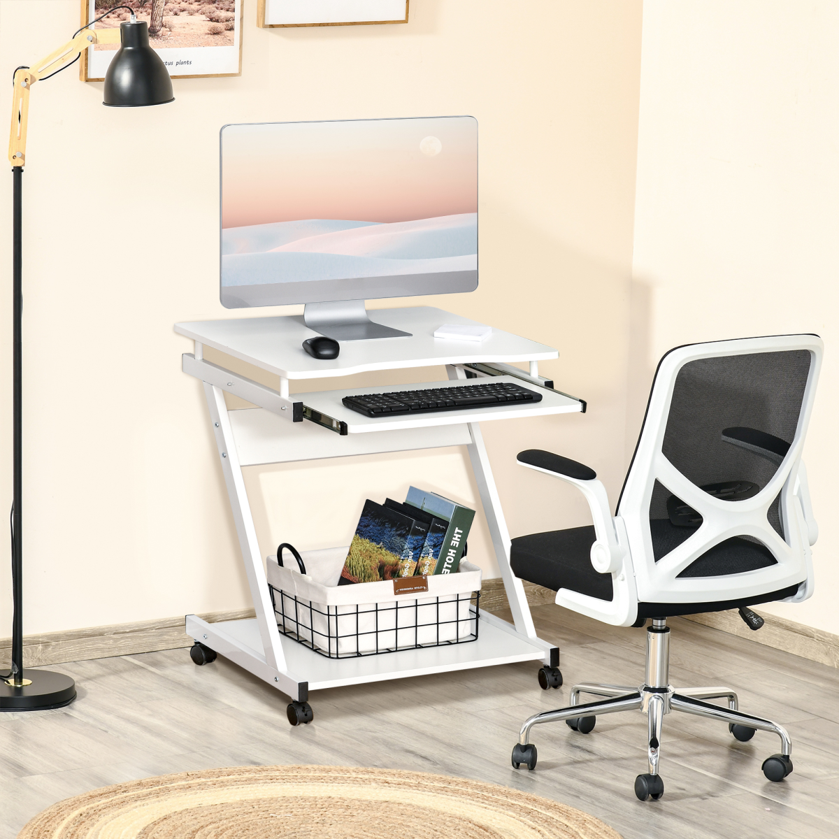 HOMCOM Computer Desk with Sliding Keyboard Tray, 4 Wheels, Bottom Shelf, White