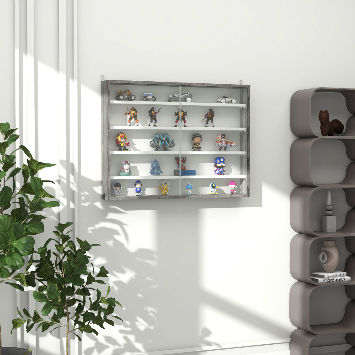 HOMCOM 5-Tier Wall-Mounted Display Cabinet with Glass Doors, Grey