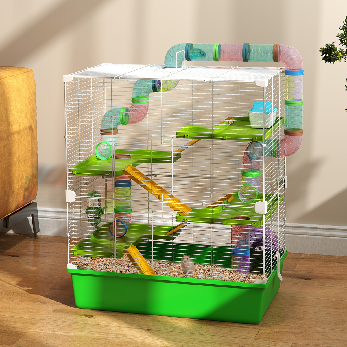 PawHut Hamster Cage with Wheel, Tubes, Ramps & Water Bottle - Green
