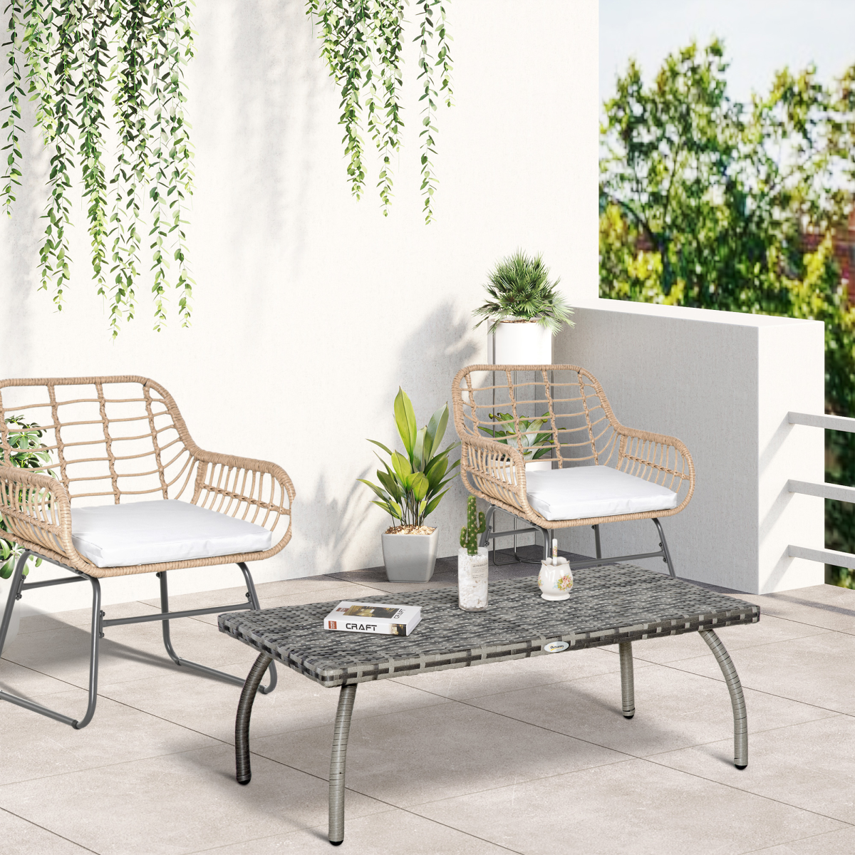 Outsunny Rattan Patio Coffee Table, All-Weather Grey Wicker Table for Home, Backyard, Garden and Porch