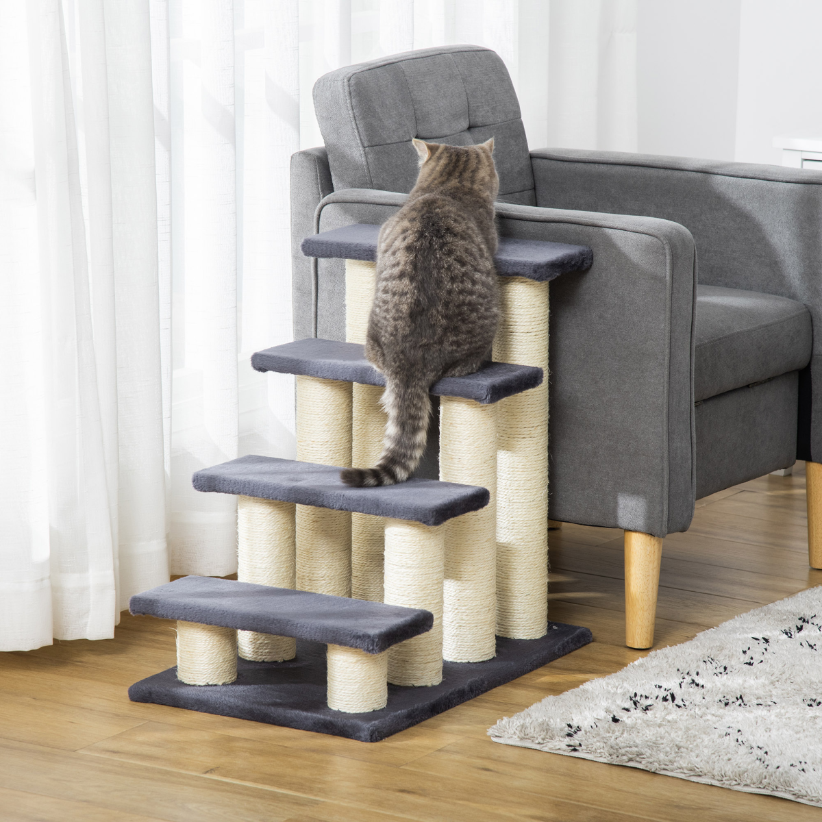 PawHut Plush Pet Stair Ladder for Cats and Dogs with Sisal Posts