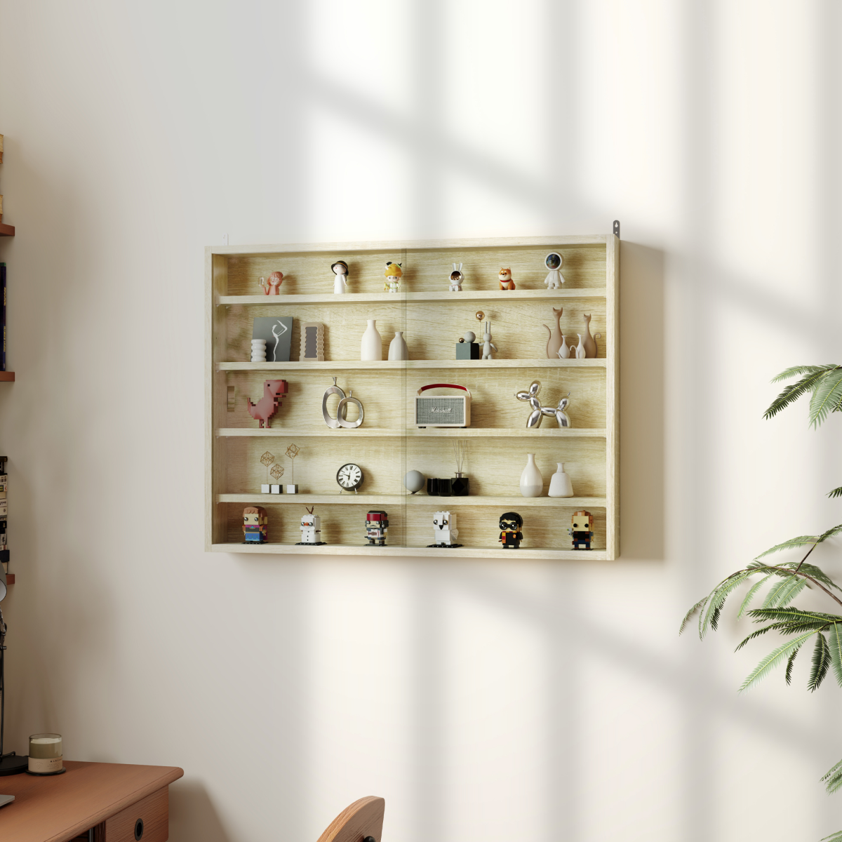 HOMCOM Oak 5-Tier Wall-Mounted Display Cabinet with Glass Doors