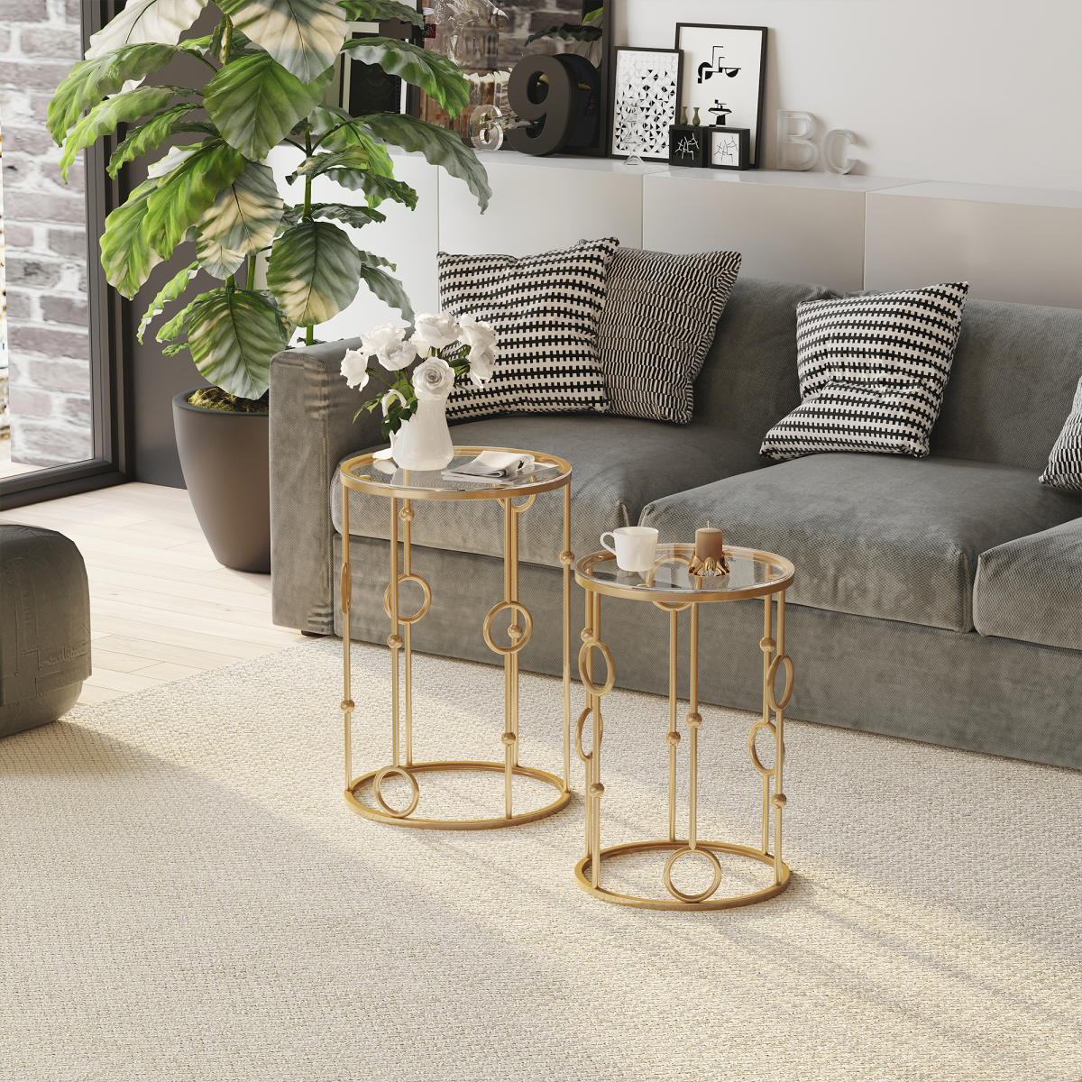 HOMCOM Set of 2 Gold Nesting Coffee Tables, Tempered Glass Top