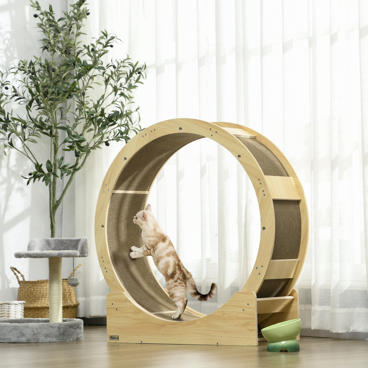 PawHut Cat Wheel with Brake & Scratching Pads, Oak