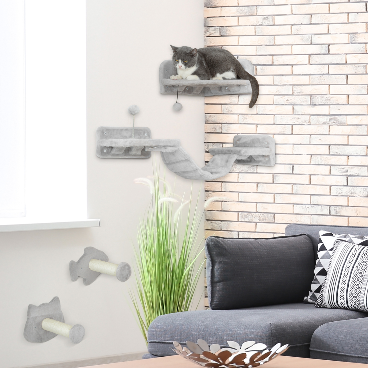 PawHut 4-Piece Wall-Mounted Cat Shelves with Steps, Ladder & Platforms