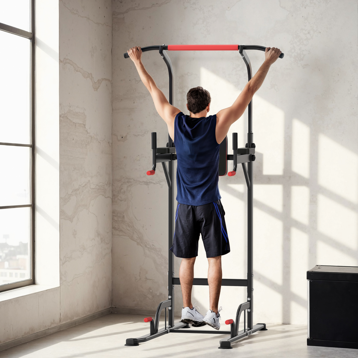 Adjustable Height Power Tower Pull Up Dip Station Multi Gym Home Workout Equipment with Suction Pads, Steel Frame, 120kg Max Load