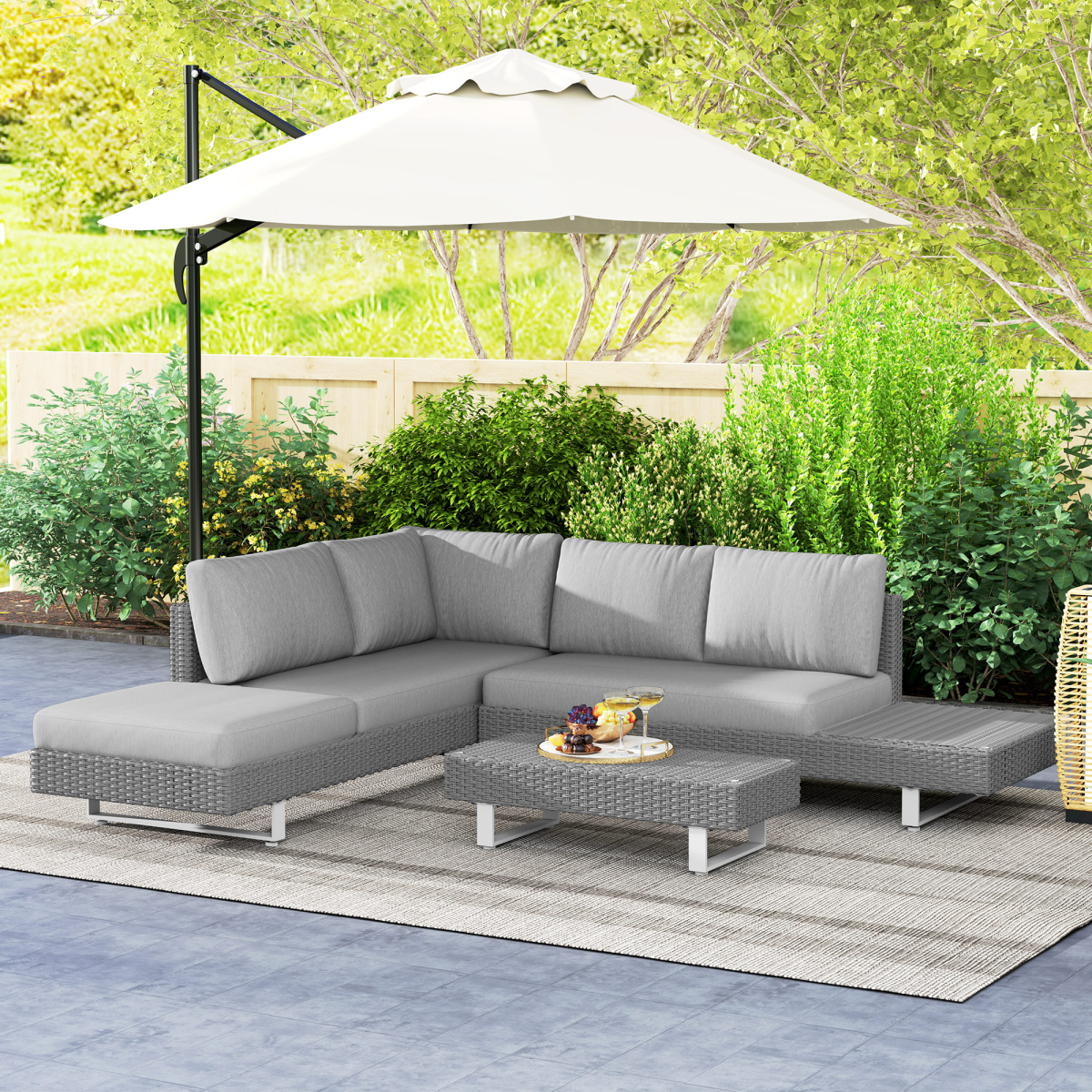Outsunny 3-Piece Rattan Outdoor Sofa Set with Cushions & Tea Table, Light Grey