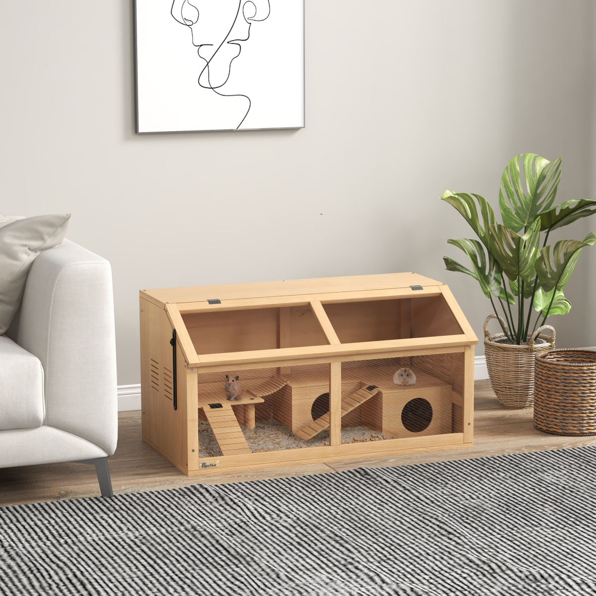 PawHut Wooden Hamster & Gerbil Cage with Bridge, Ladders, Hut