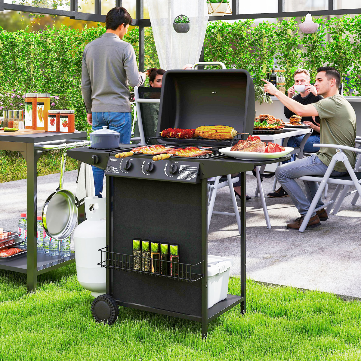 Outsunny 4-Burner Gas BBQ Grill with Side Burner and Lid, Black