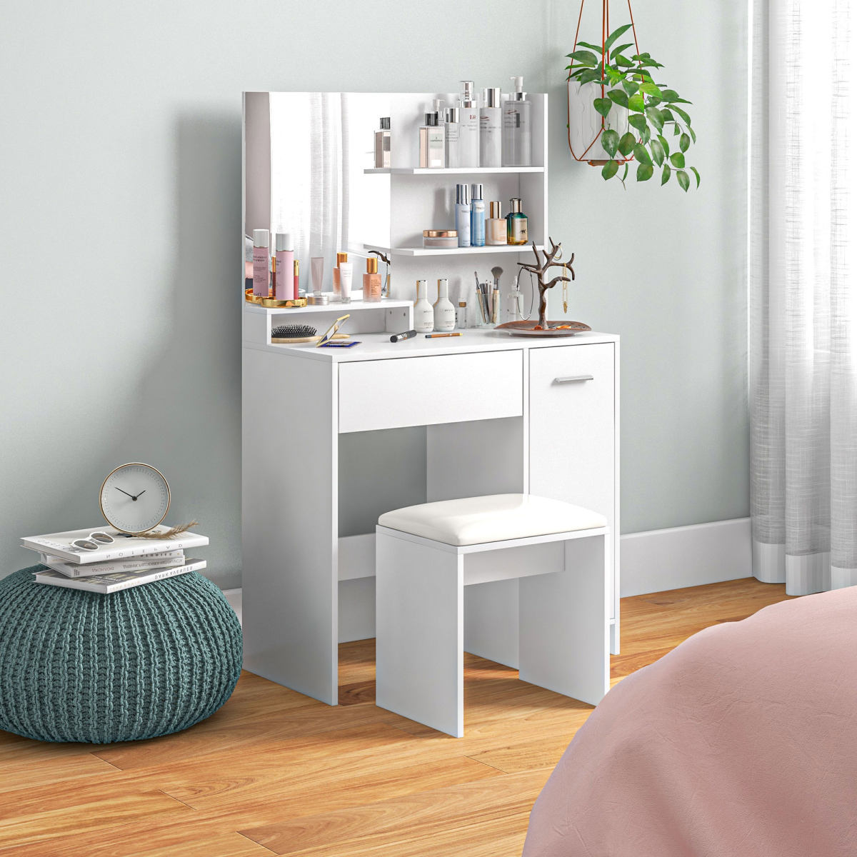 HOMCOM White Dressing Table Set with Mirror, Stool and Storage