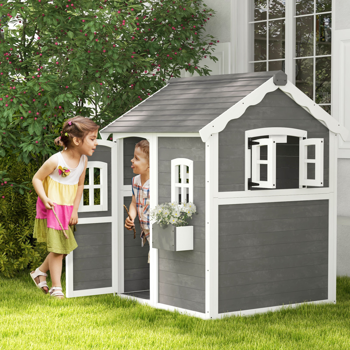 Outsunny Wooden Kids Wendy House with Floor, Grey