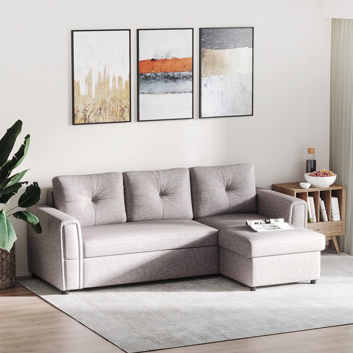 Linen-Look L-Shaped Sofa Bed with Storage, Grey