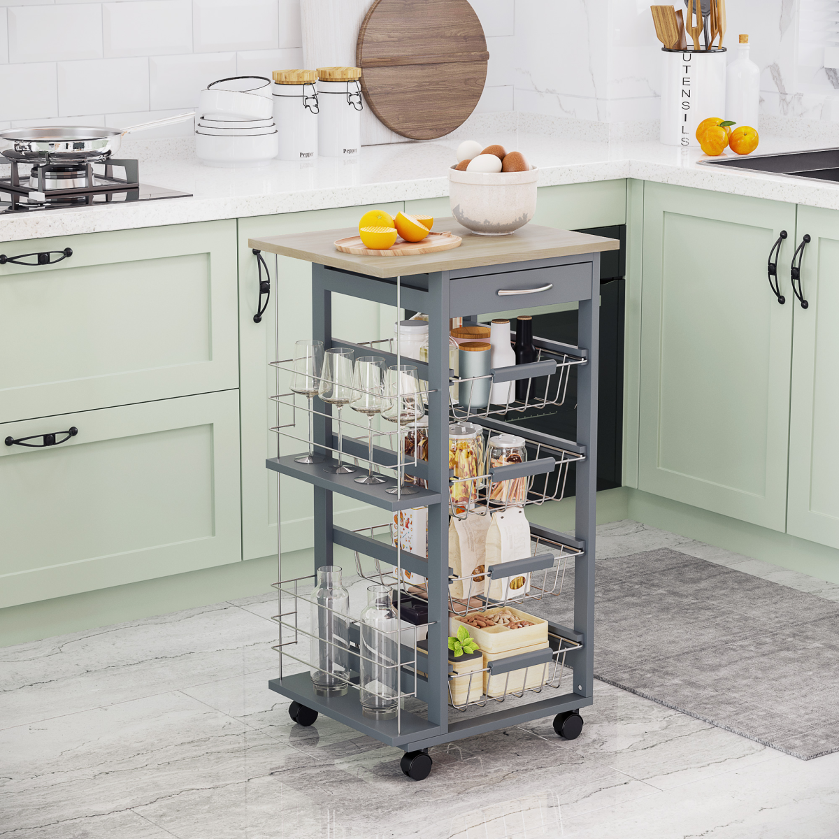 HOMCOM Kitchen Island Trolley on Wheels with Drawer, 4 Removable Metal Baskets, 2 Side Racks, Dark Grey