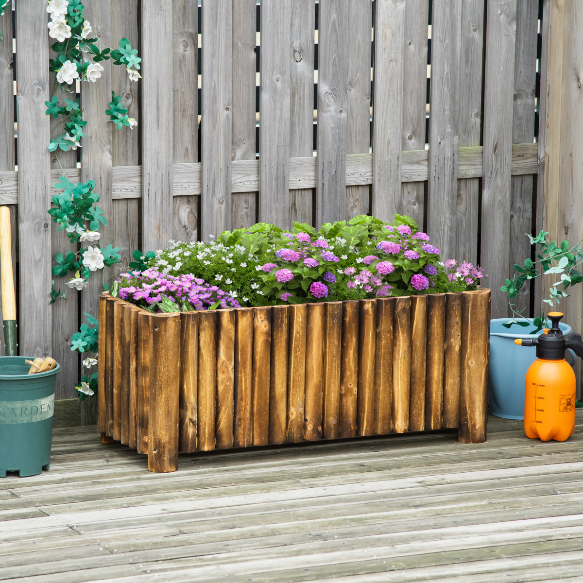 Outsunny Fir Wood Plant Pot Flower Bed, 100 x 40 x 40 cm, 4 Wooden Feet