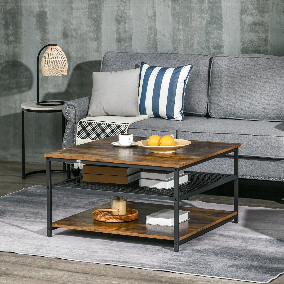 Industrial Coffee Table with 3-Tier Storage Shelves, Rustic Brown, Black Steel Frame, 80 x 80 x 45 cm