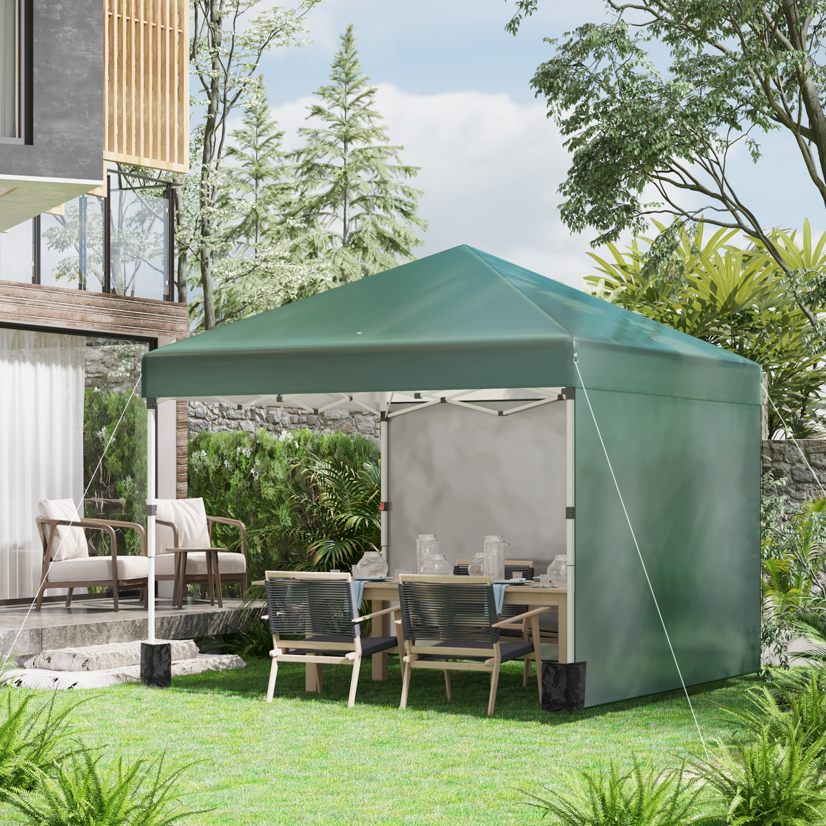 Outsunny 3 x 3 m Pop Up Gazebo Event Shelter with 2 Sidewalls and Sandbags, Green