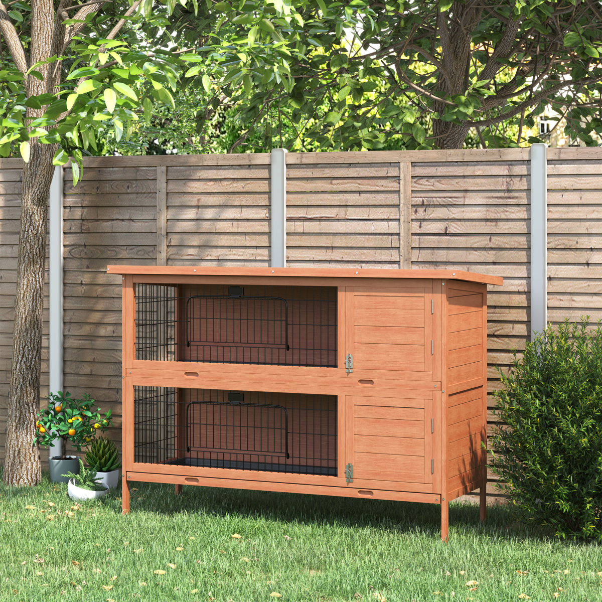 PawHut Outdoor Two-Tier Rabbit Hutch for Two Rabbits with Removable Trays and Divider