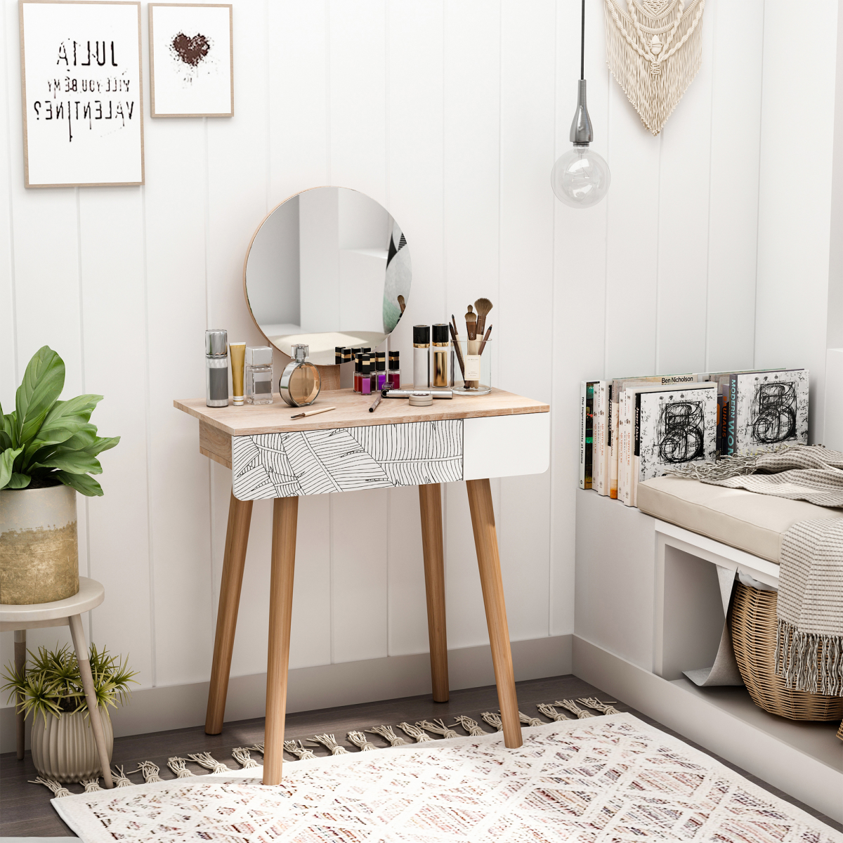 HOMCOM Solid Wood Nordic Dressing Table with Adjustable Round Mirror and Pull-Out Drawer