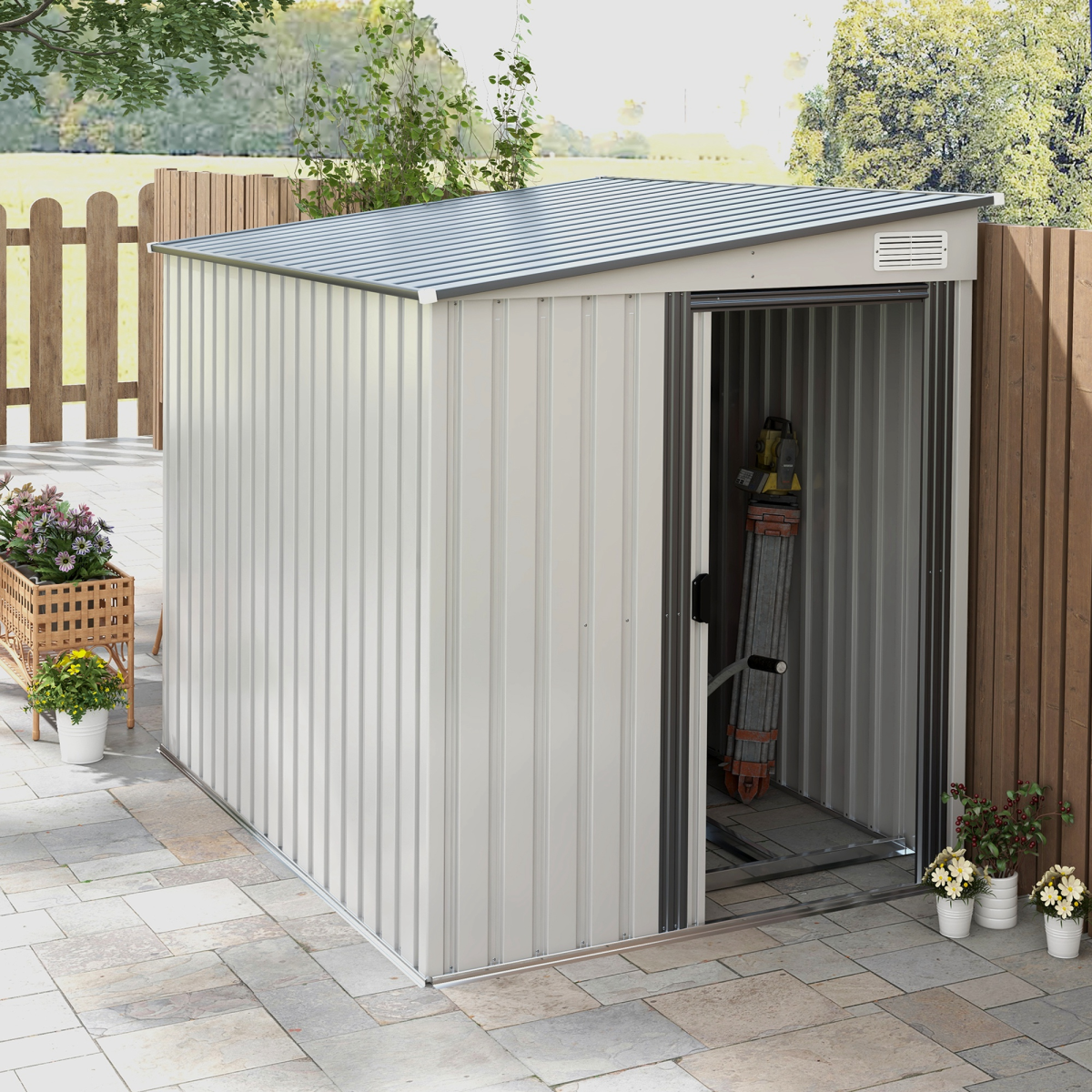 Outsunny 5 x 7 ft White Galvanized Steel Lean-To Garden Shed with Floor Foundation, Sliding Doors and Ventilation Windows