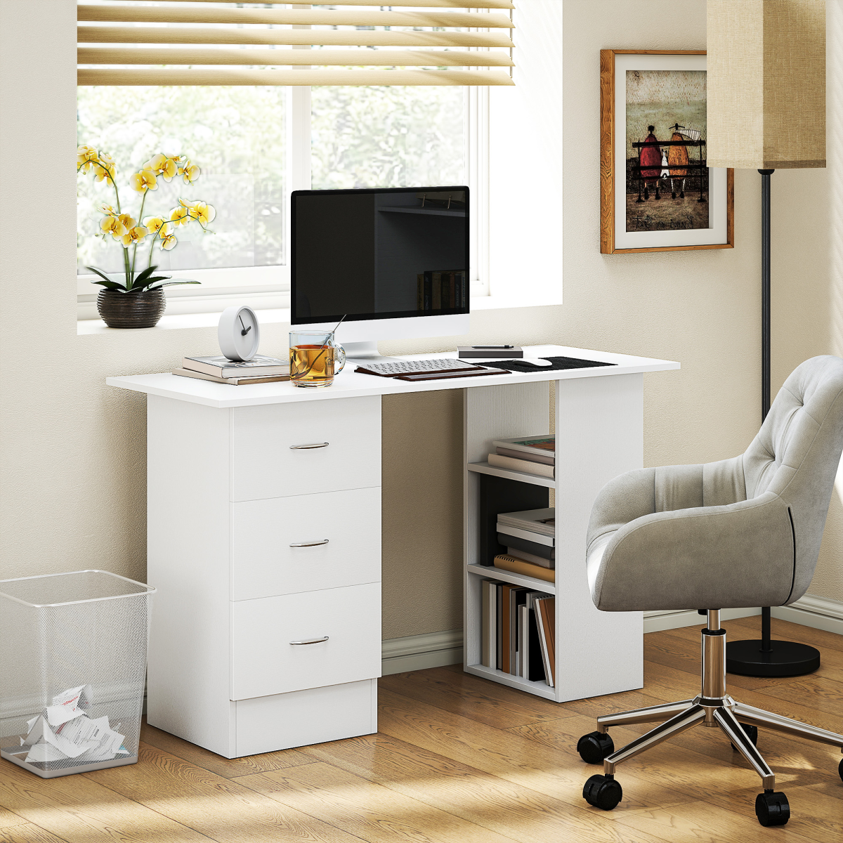 HOMCOM 120cm White Computer Desk with 3 Drawers & 3 Shelves