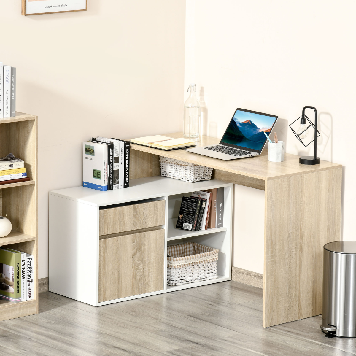HOMCOM L-Shaped Corner Computer Desk with Cabinet, Drawer and Shelves, Oak and White