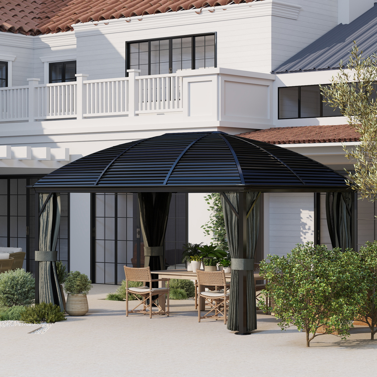 Outsunny 3 x 4m Hardtop Gazebo with Curtains and Mosquito Netting, Aluminium Garden Pavilion, Dark Grey
