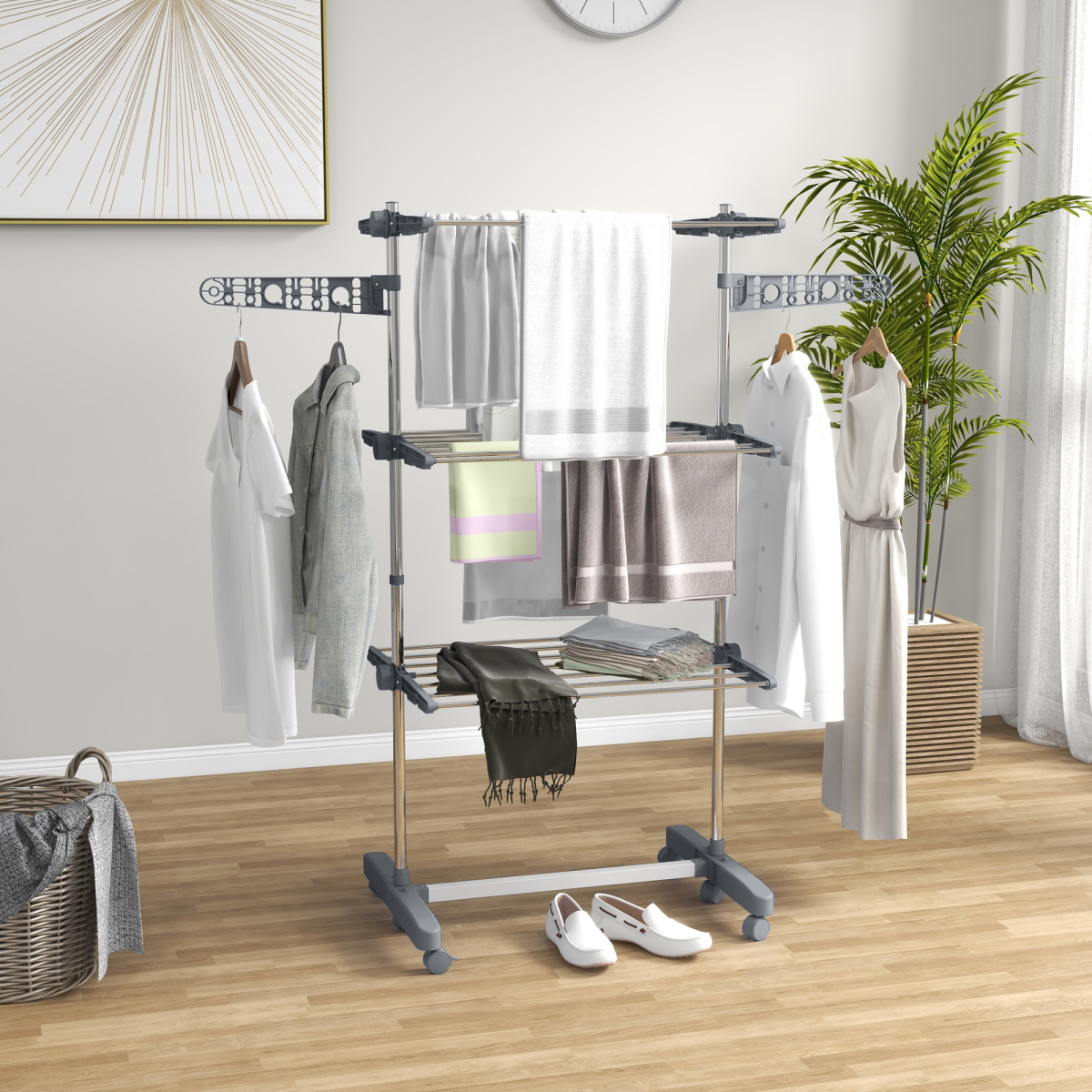 HOMCOM 3-Tier Folding Clothes Airer, Stainless Steel, Grey