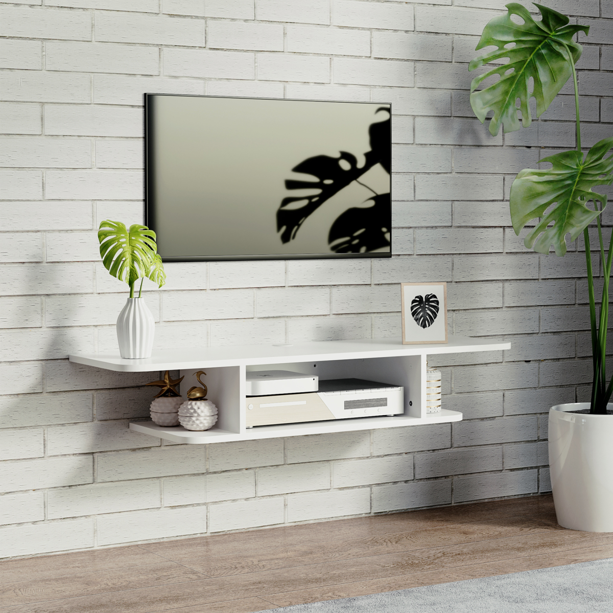 Wall Mounted Floating TV Unit with Storage Shelves, White