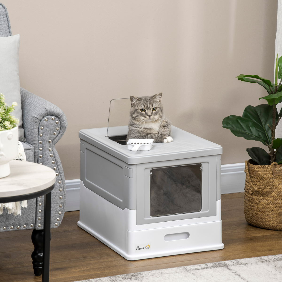 Hooded Cat Litter Box with Scoop and Tray, Portable Pet Toilet, Grey